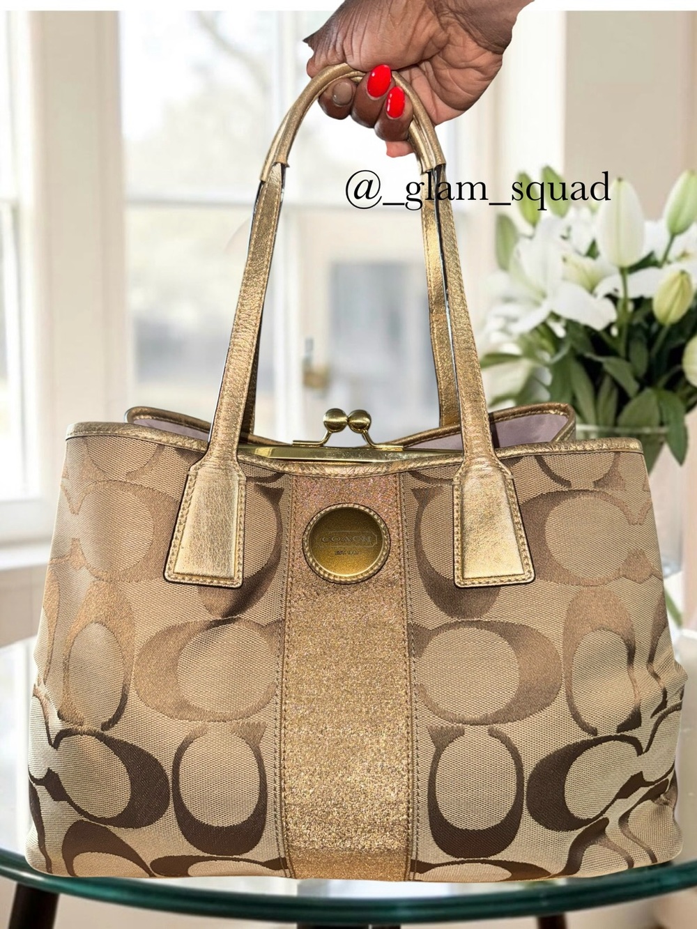 Coach Signature Stripe Framed Carryall Tote Gold Metallic Kisslock w COA